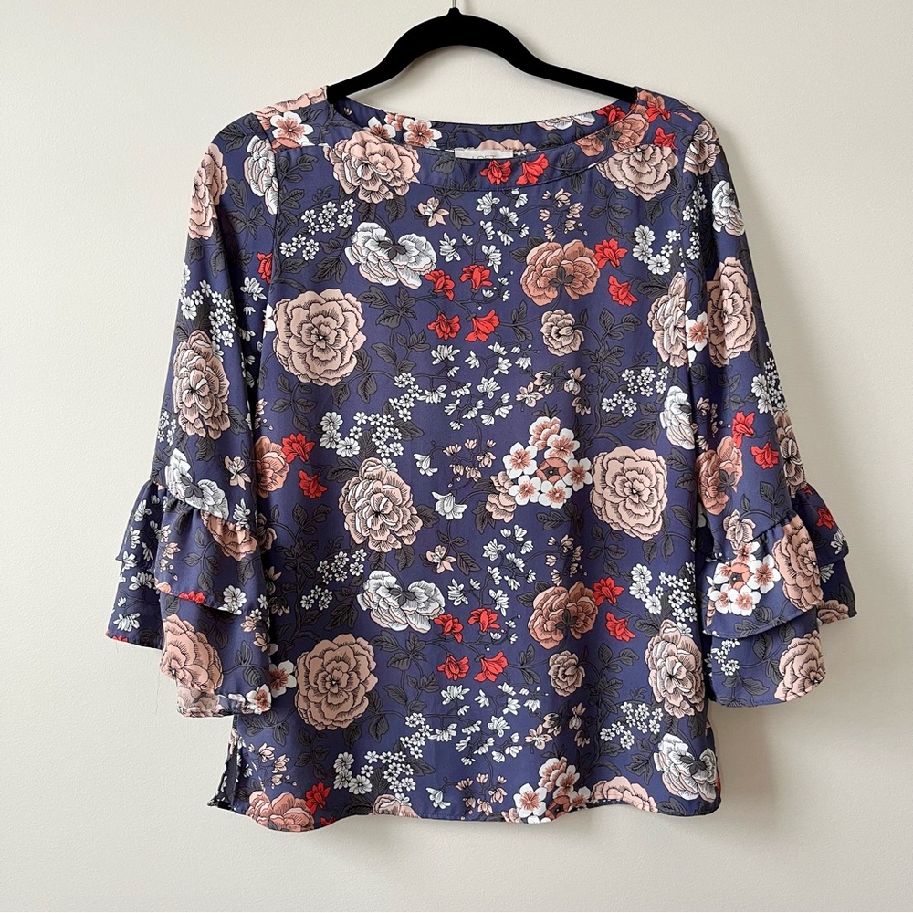 LOFT Navy Floral Ruffle Sleeve Blouse